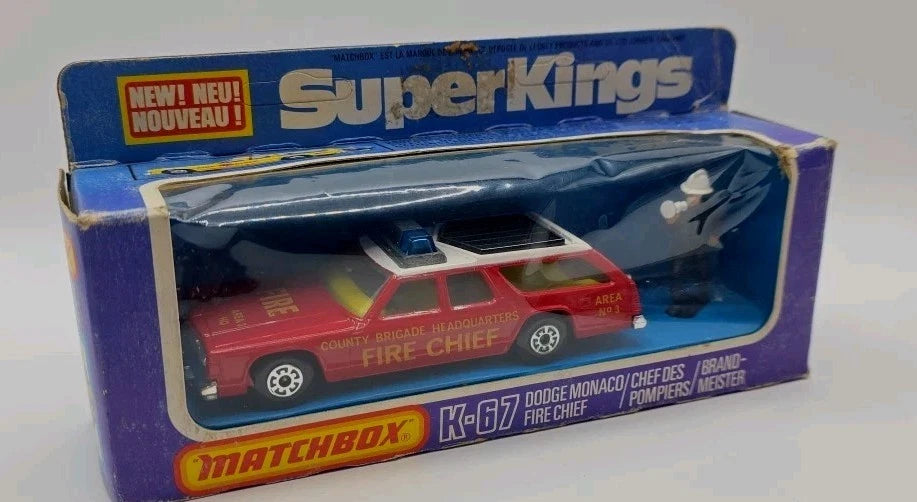 Matchbox Superkings K67 Dodge Monaco 'Fire Chief ' Rare Black Roof Tan Boot MIB