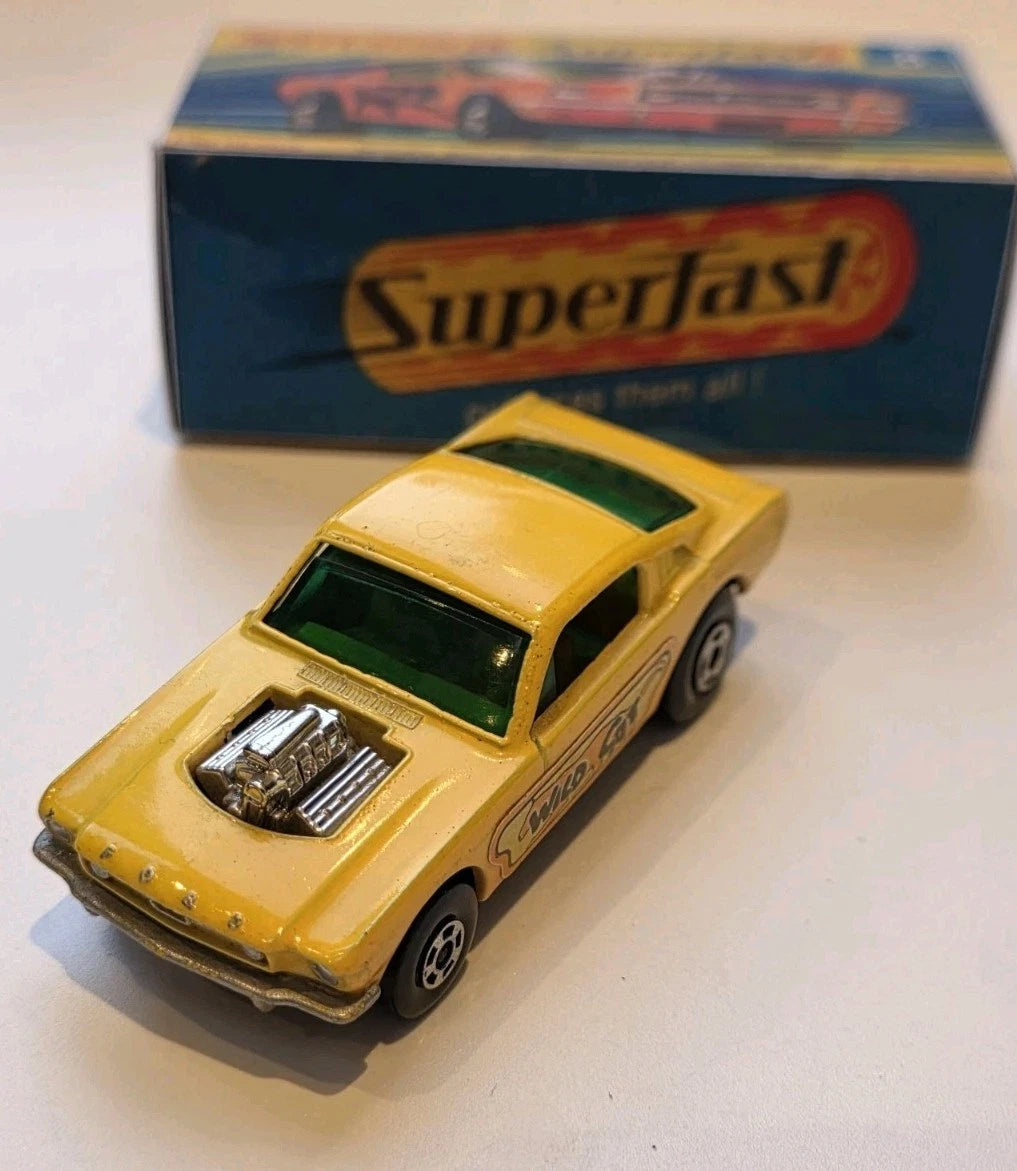 Matchbox Superfast 8 Wild Cat Dragster Ford Yellow Car Black Base In Repro Box