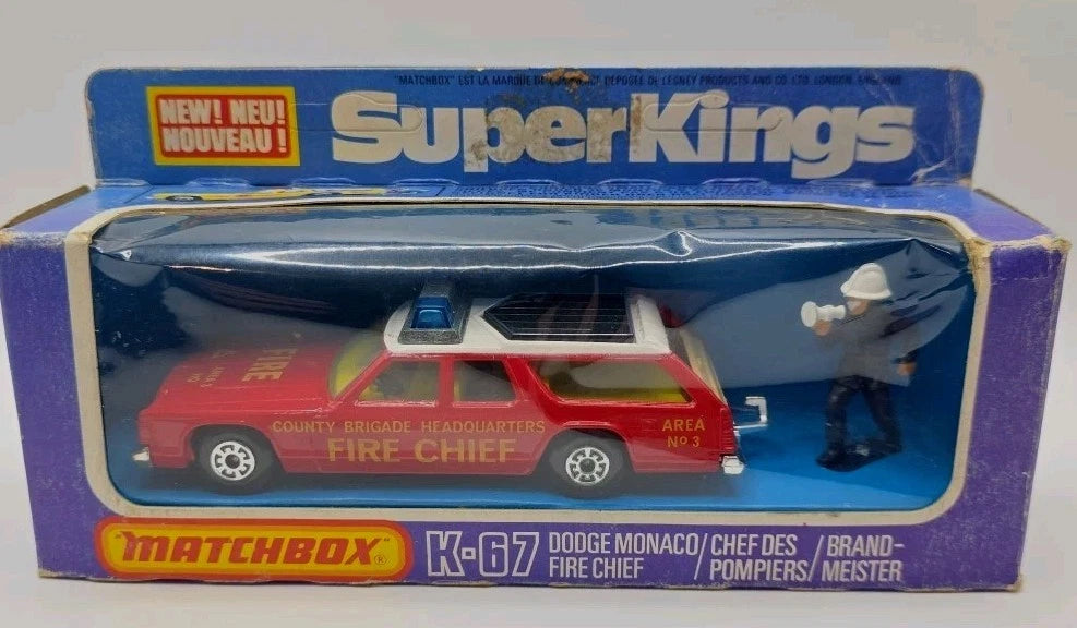 Matchbox Superkings K67 Dodge Monaco 'Fire Chief ' Rare Black Roof Tan Boot MIB
